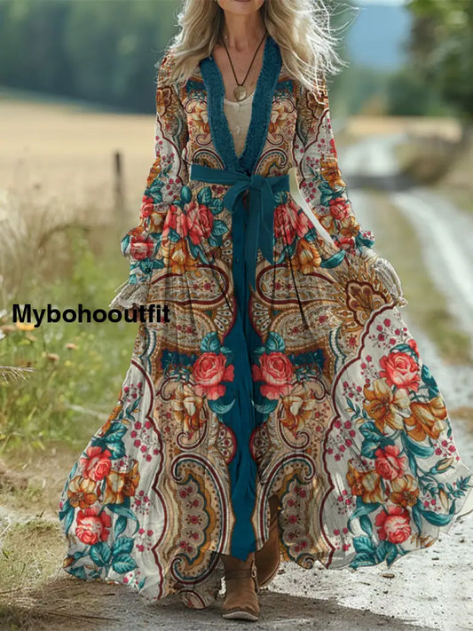 Retro Boho Floral Art Print Vintage Chic Waist Strap V-Neck Cotton Long Sleeve Midi Dress A / S