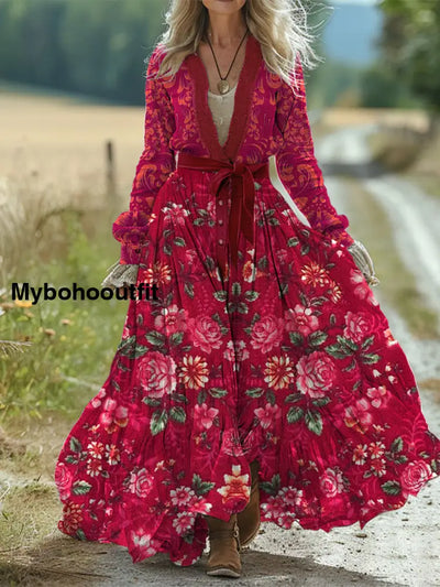 Retro Boho Floral Art Print Vintage Chic Waist Strap V-Neck Cotton Long Sleeve Midi Dress A / S