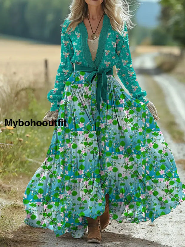 Retro Boho Floral Art Print Vintage Chic Waist Strap V-Neck Cotton Long Sleeve Midi Dress A / S