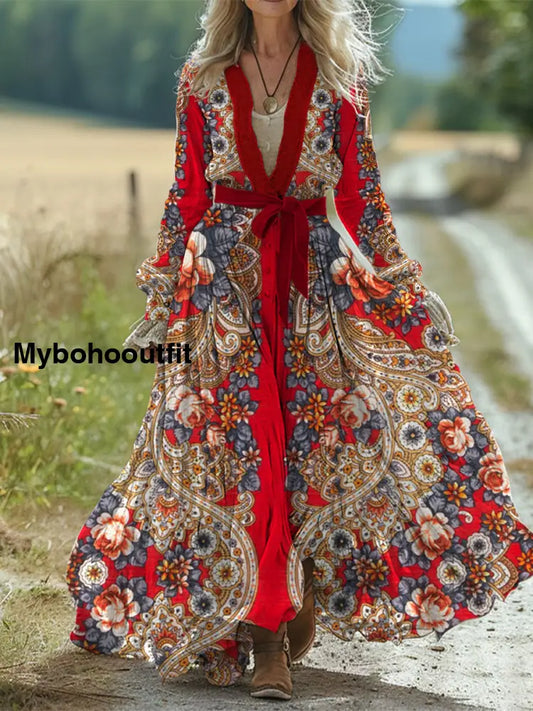 Retro Boho Floral Art Print Vintage Chic Waist Strap V-Neck Cotton Long Sleeve Midi Dress A / S