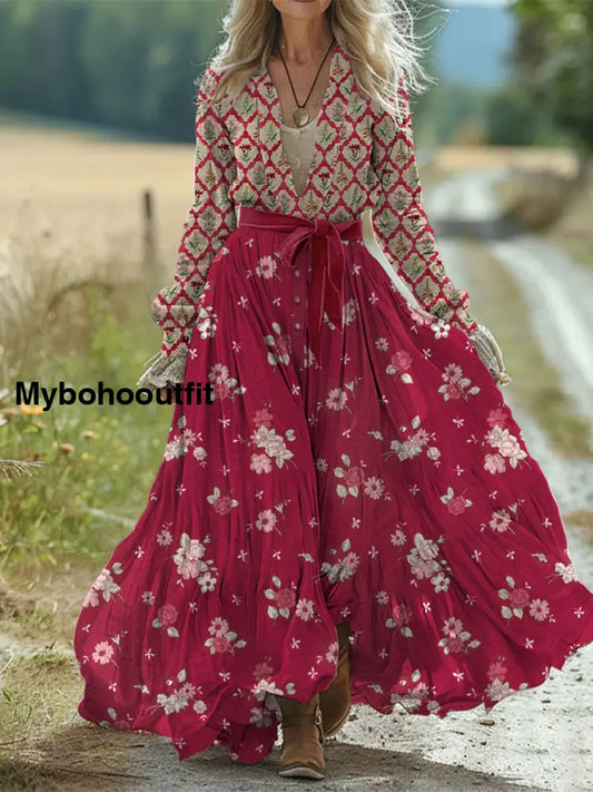 Retro Boho Floral Art Print Vintage Chic Waist Strap V-Neck Cotton Long Sleeve Midi Dress A / S