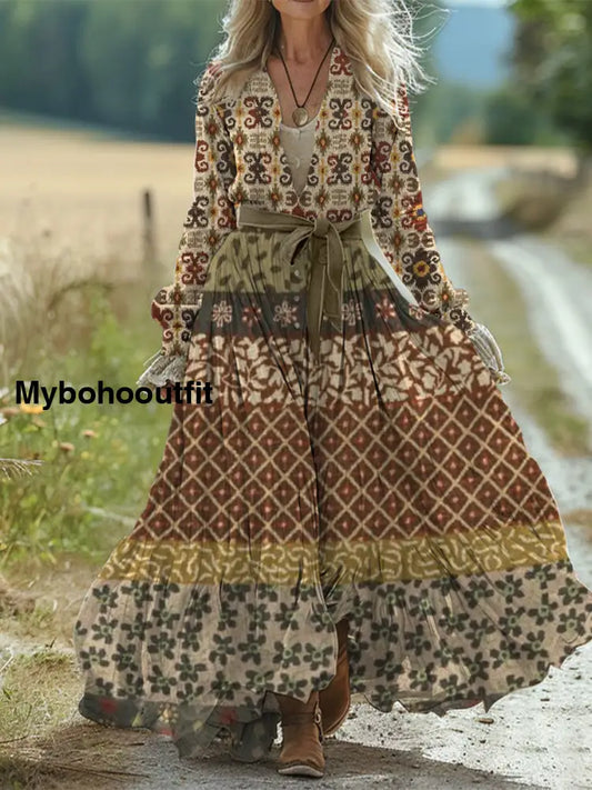 Retro Boho Floral Art Print Vintage Chic Waist Strap V-Neck Cotton Long Sleeve Midi Dress A / S