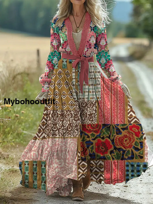 Retro Boho Floral Art Print Vintage Chic Waist Strap V-Neck Cotton Long Sleeve Midi Dress A / S