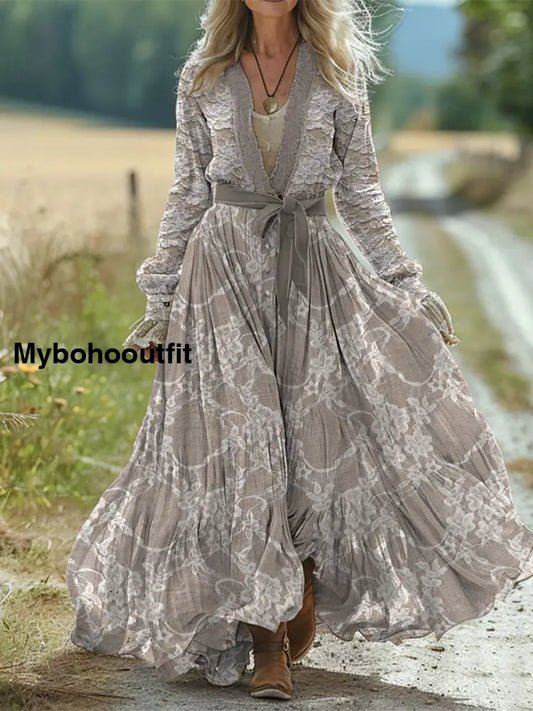 Retro Boho Floral Art Print Vintage Chic Waist Strap V-Neck Cotton Long Sleeve Midi Dress A / S