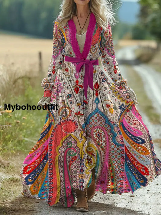 Retro Boho Floral Art Print Vintage Chic Waist Strap V-Neck Cotton Long Sleeve Midi Dress A / S