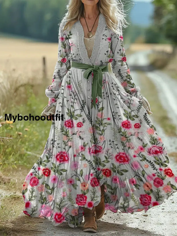 Retro Boho Floral Art Print Vintage Chic Waist Strap V-Neck Cotton Long Sleeve Midi Dress A / S