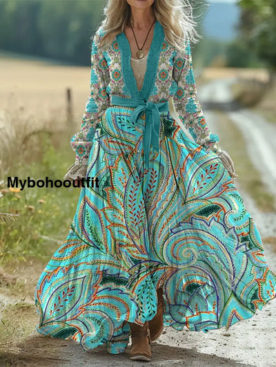 Retro Boho Floral Art Print Vintage Chic Waist Strap V-Neck Cotton Long Sleeve Midi Dress A / S