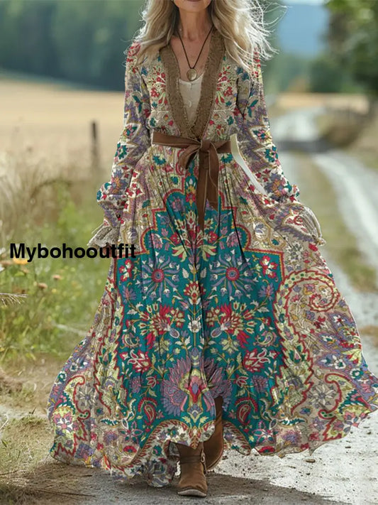 Retro Boho Floral Art Print Vintage Chic Waist Strap V-Neck Cotton Long Sleeve Midi Dress A / S