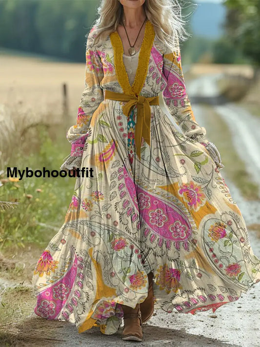 Retro Boho Floral Art Print Vintage Chic Waist Strap V-Neck Cotton Long Sleeve Midi Dress A / S