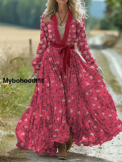 Retro Boho Floral Art Print Vintage Chic Waist Strap V-Neck Cotton Long Sleeve Midi Dress A / S