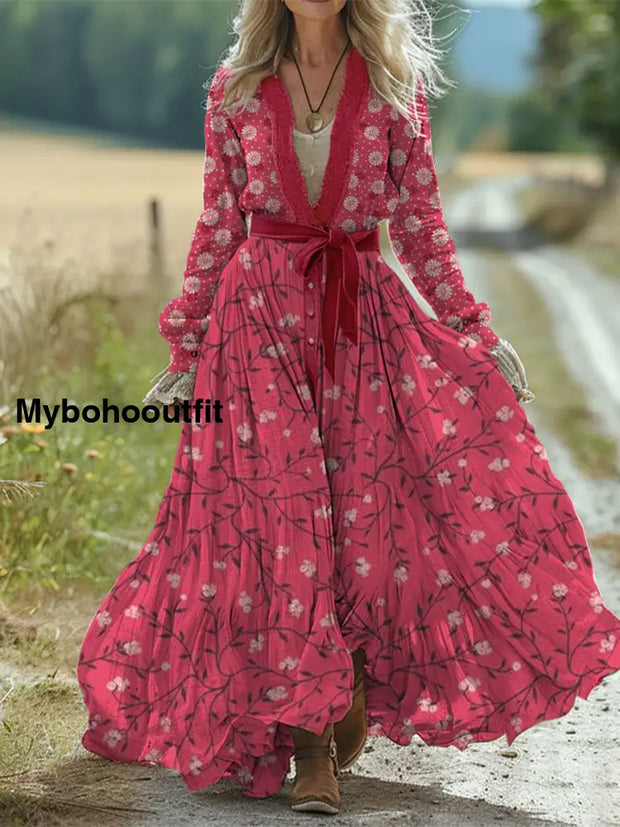 Retro Boho Floral Art Print Vintage Chic Waist Strap V-Neck Cotton Long Sleeve Midi Dress A / S