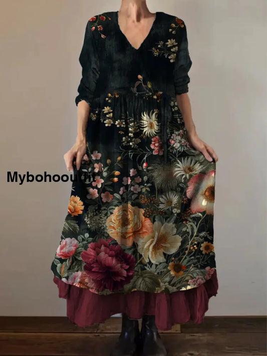 Retro Boho Floral Art Print Vintage V-Neck Double Hemline Cotton Long Sleeve Midi Dress A / S