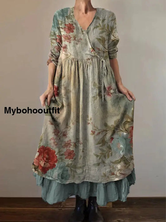 Retro Boho Floral Art Print Vintage V-Neck Double Hemline Cotton Long Sleeve Midi Dress A / S