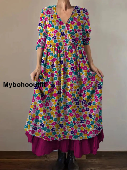 Retro Boho Floral Art Print Vintage V-Neck Double Hemline Cotton Long Sleeve Midi Dress A / S