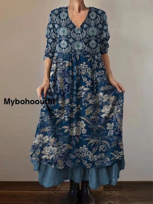 Retro Boho Floral Art Print Vintage V-Neck Double Hemline Cotton Long Sleeve Midi Dress A / S