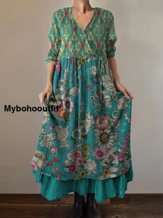 Retro Boho Floral Art Print Vintage V-Neck Double Hemline Cotton Long Sleeve Midi Dress A / S