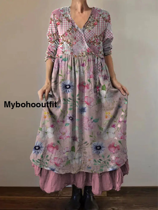 Retro Boho Floral Art Print Vintage V-Neck Double Hemline Cotton Long Sleeve Midi Dress A / S