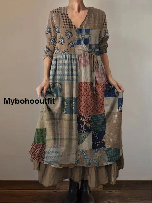 Retro Boho Floral Art Print Vintage V-Neck Double Hemline Cotton Long Sleeve Midi Dress A / S