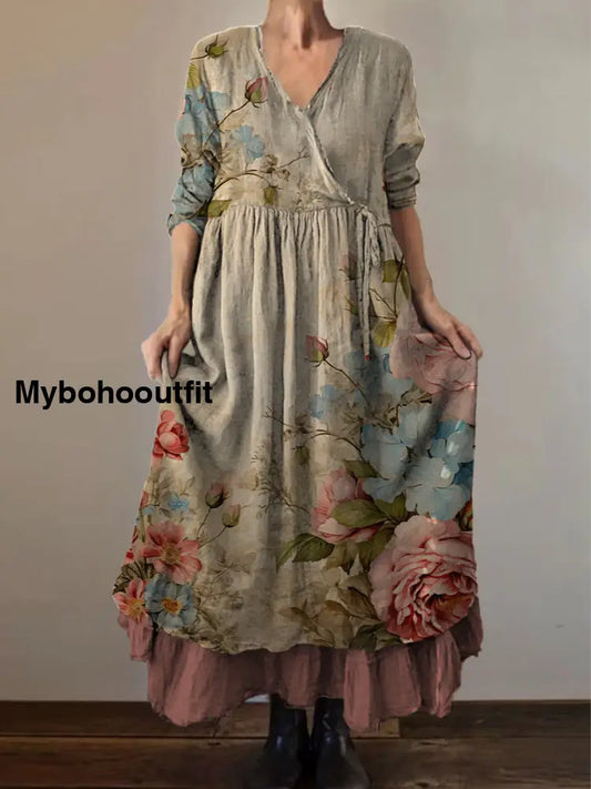 Retro Boho Floral Art Print Vintage V-Neck Double Hemline Cotton Long Sleeve Midi Dress A / S