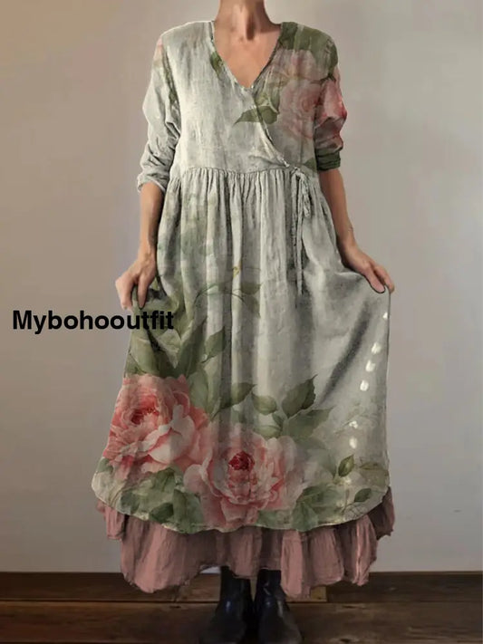 Retro Boho Floral Art Print Vintage V-Neck Double Hemline Cotton Long Sleeve Midi Dress A / S