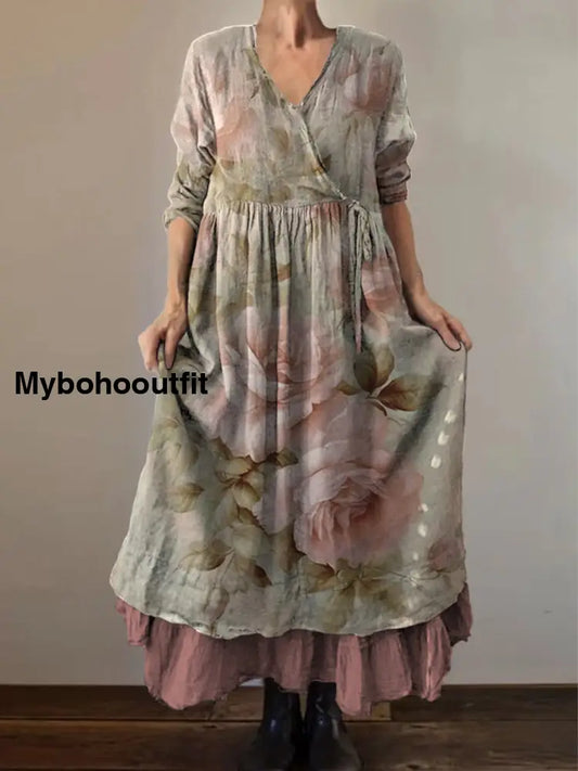 Retro Boho Floral Art Print Vintage V-Neck Double Hemline Cotton Long Sleeve Midi Dress A / S
