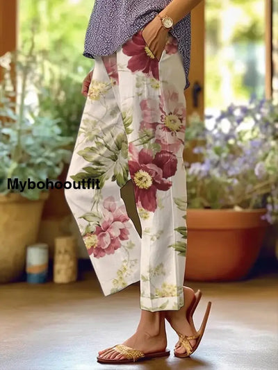 Retro Boho Floral Art Printed Casual Loose Straight Cotton Trousers A / S