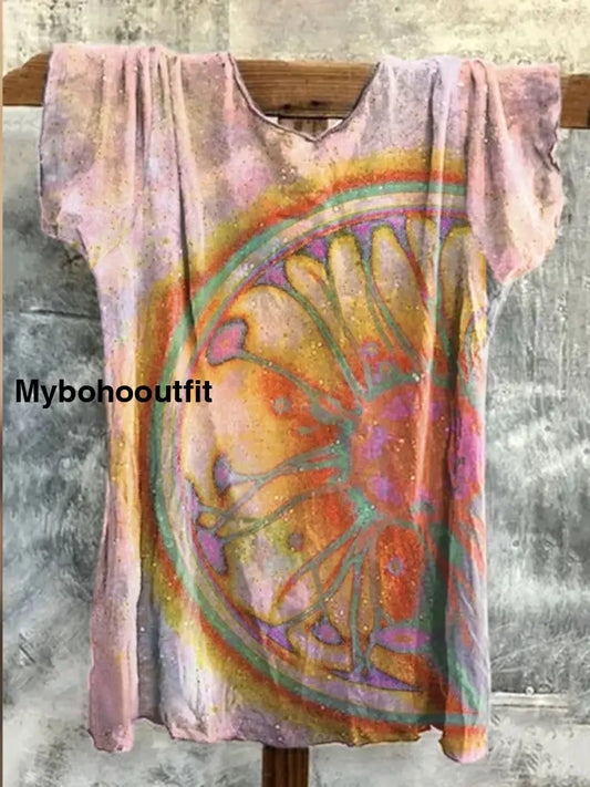 Retro Boho Floral Art Printed Crew-Neck Comfortable Cotton Casual T-Shirt A / S
