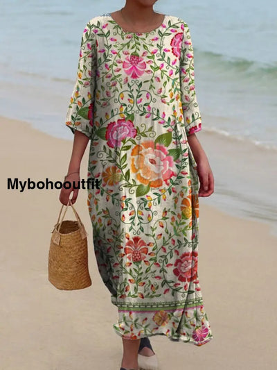 Retro Boho Floral Art Printed Round Neck Vintage Loose Long Sleeves Midi Dress A / S