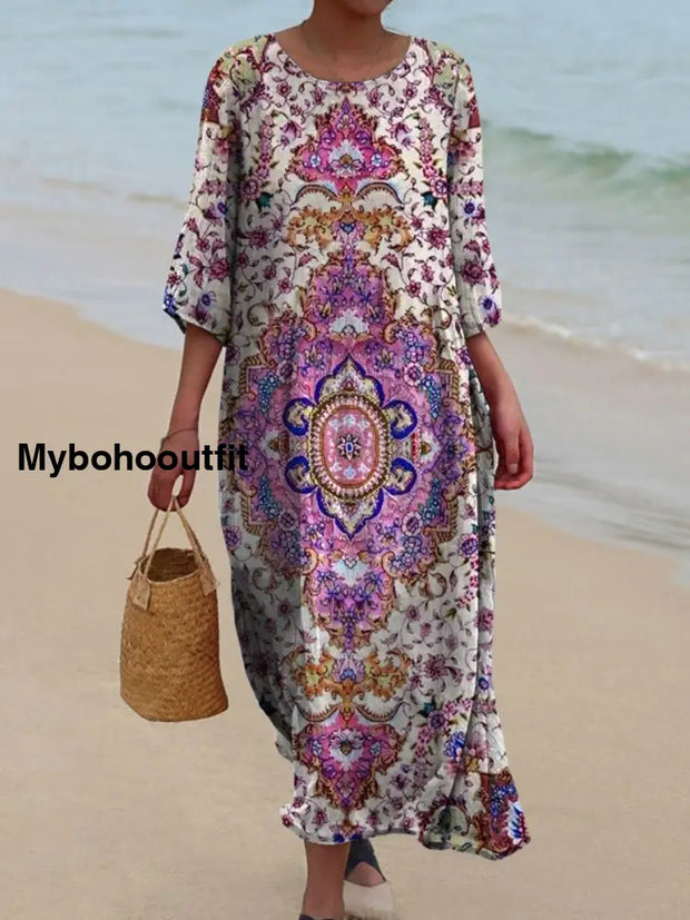 Retro Boho Floral Art Printed Round Neck Vintage Loose Long Sleeves Midi Dress A / S