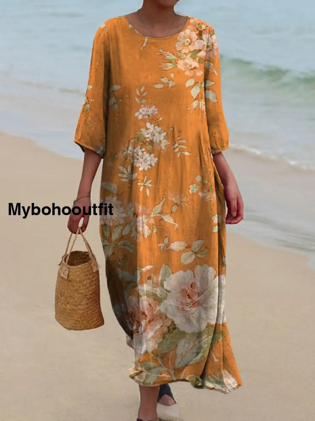 Retro Boho Floral Art Printed Round Neck Vintage Loose Long Sleeves Midi Dress A / S