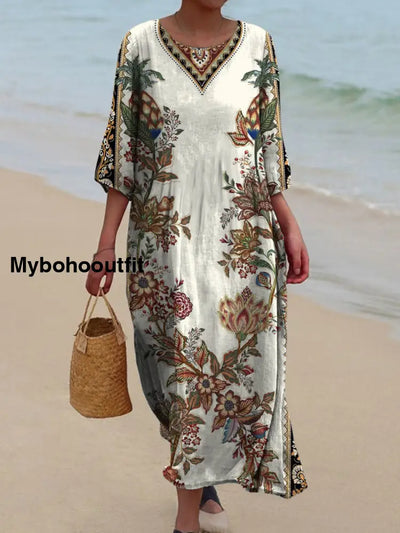 Retro Boho Floral Art Printed Round Neck Vintage Loose Long Sleeves Midi Dress A / S