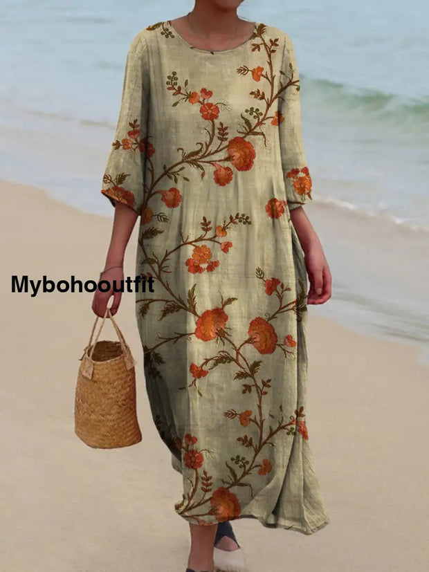 Retro Boho Floral Art Printed Round Neck Vintage Loose Long Sleeves Midi Dress A / S