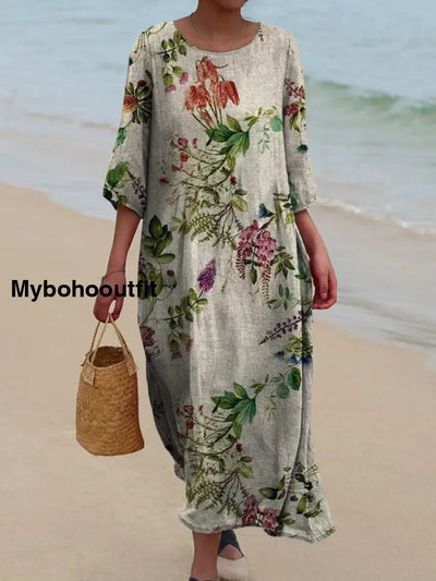 Retro Boho Floral Art Printed Round Neck Vintage Loose Long Sleeves Midi Dress A / S