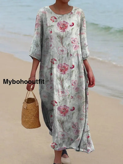 Retro Boho Floral Art Printed Round Neck Vintage Loose Long Sleeves Midi Dress A / S