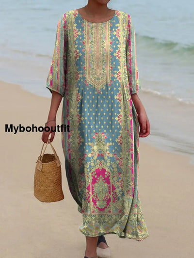 Retro Boho Floral Art Printed Round Neck Vintage Loose Long Sleeves Midi Dress A / S