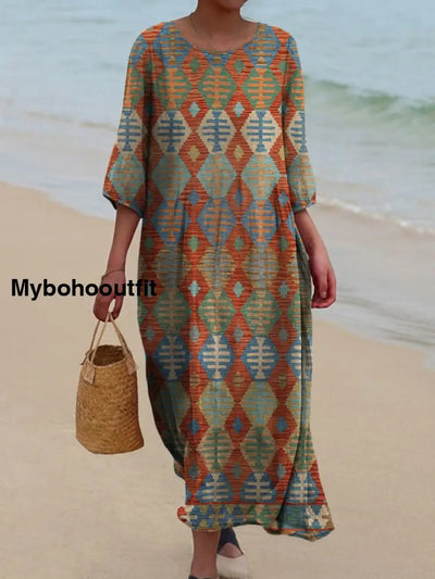 Retro Boho Floral Art Printed Round Neck Vintage Loose Long Sleeves Midi Dress A / S