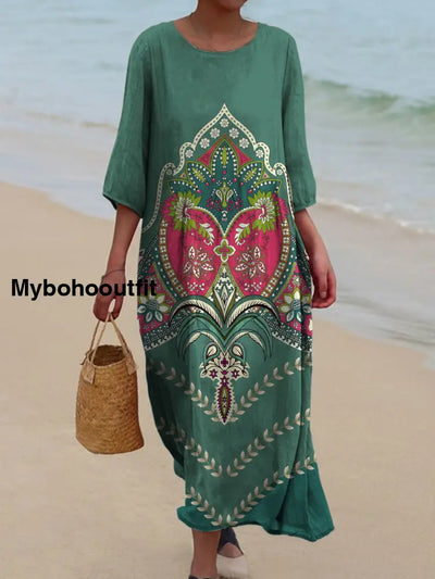 Retro Boho Floral Art Printed Round Neck Vintage Loose Long Sleeves Midi Dress A / S