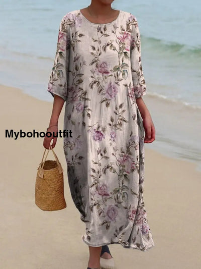 Retro Boho Floral Art Printed Round Neck Vintage Loose Long Sleeves Midi Dress A / S