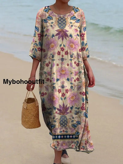 Retro Boho Floral Art Printed Round Neck Vintage Loose Long Sleeves Midi Dress A / S