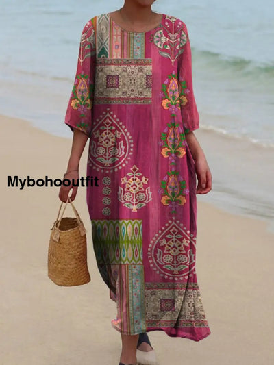 Retro Boho Floral Art Printed Round Neck Vintage Loose Long Sleeves Midi Dress A / S