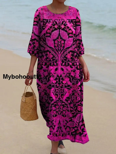 Retro Boho Floral Art Printed Round Neck Vintage Loose Long Sleeves Midi Dress A / S