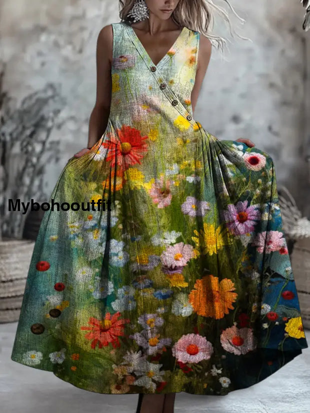 Retro Boho Floral Art Printed V-Neck Button Sleeveless Maxi Dress A / S