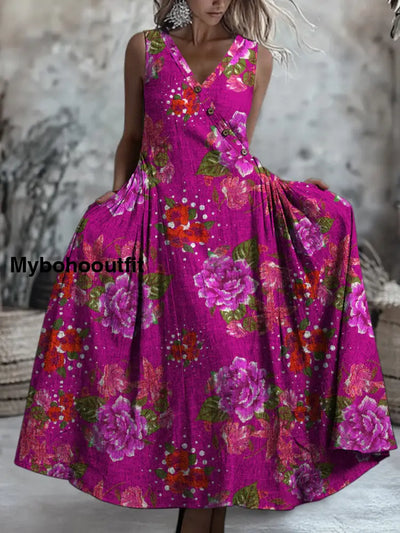 Retro Boho Floral Art Printed V-Neck Button Sleeveless Maxi Dress A / S