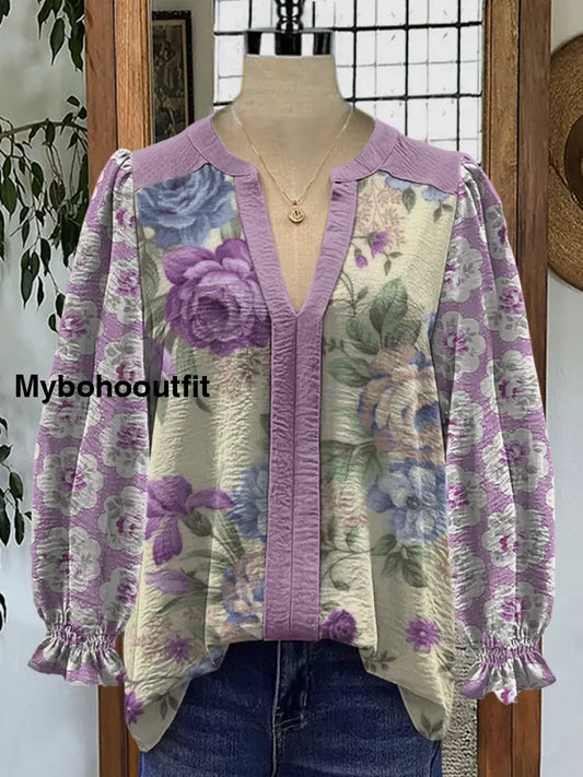 Retro Boho Floral Art Printed V-Neck Elegant Vintage Chic Bud Long Sleeve Shirt A / S
