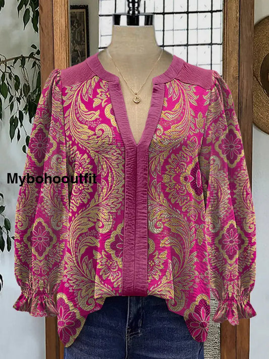 Retro Boho Floral Art Printed V-Neck Elegant Vintage Chic Bud Long Sleeve Shirt A / S