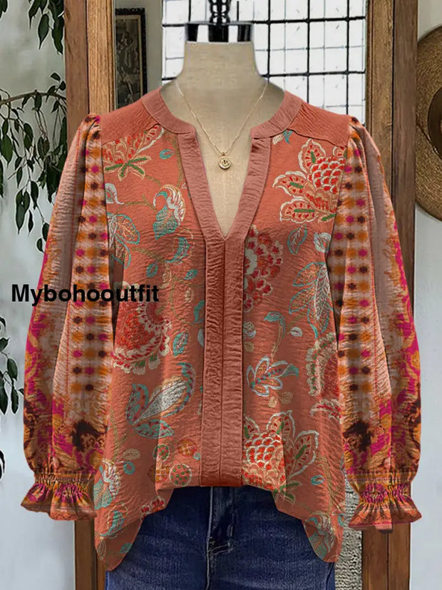 Retro Boho Floral Art Printed V-Neck Elegant Vintage Chic Bud Long Sleeve Shirt A / S