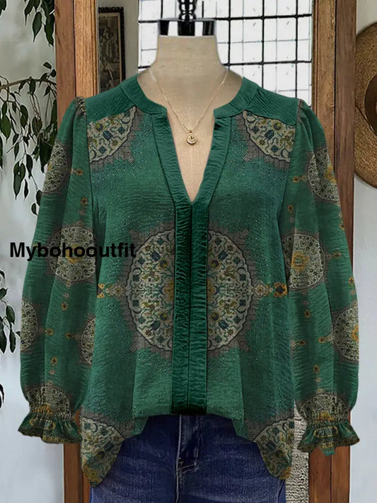 Retro Boho Floral Art Printed V-Neck Elegant Vintage Chic Bud Long Sleeve Shirt A / S