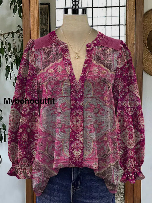 Retro Boho Floral Art Printed V-Neck Elegant Vintage Chic Bud Long Sleeve Shirt A / S