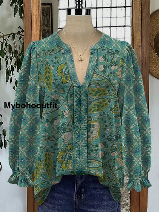 Retro Boho Floral Art Printed V-Neck Elegant Vintage Chic Bud Long Sleeve Shirt A / S