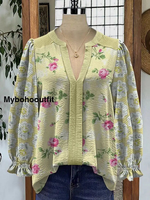 Retro Boho Floral Art Printed V-Neck Elegant Vintage Chic Bud Long Sleeve Shirt A / S